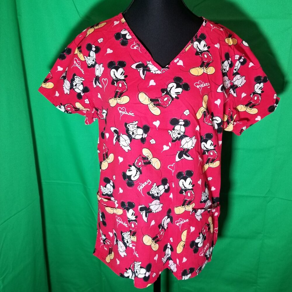 MINNIE MICKEY MOUSE DISNEY Red Hearts Scrub Top Womens Size Medium Nurse Lab